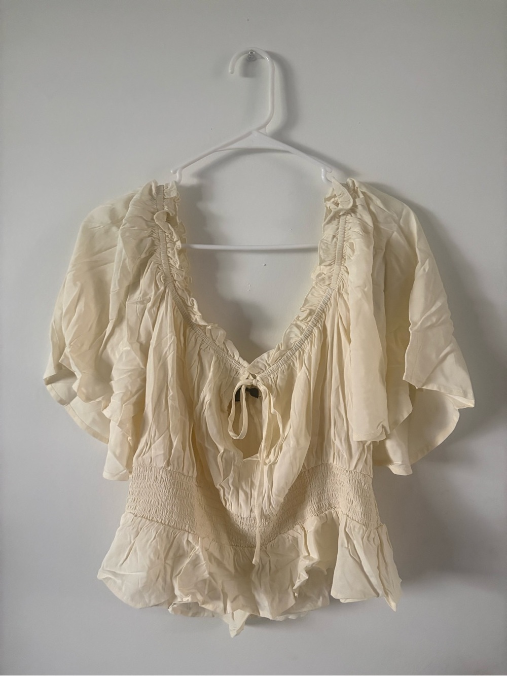 Forever 21 Cream Ruffle Tie-Front Peasant Top